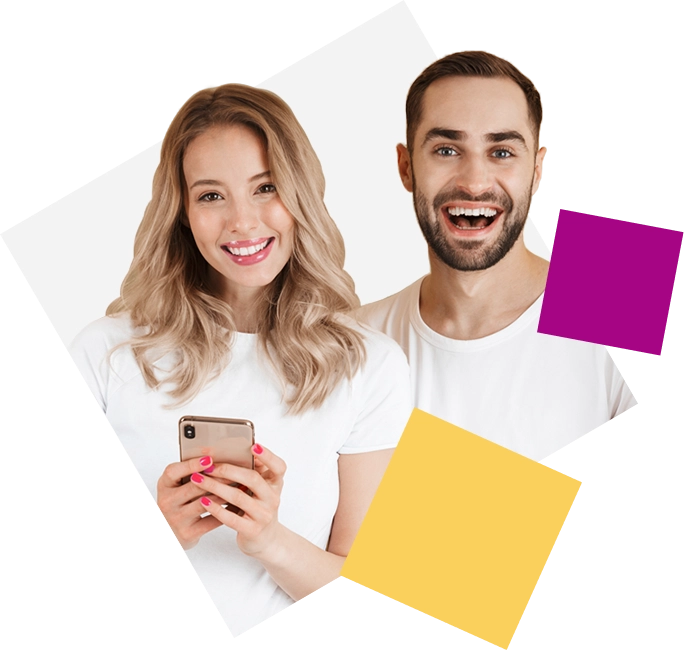 Woman with telephone and happy man